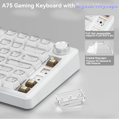 SOLAKAKA A75 Wireless Gaming Keyboard with Multifunction Knob, BT5.0/2.4GHz/USB-C, 75% Mechanical Keyboard, Hot-Swappable, Gasket Creamy Keyboard with RGB Backlit, Crystal Keycaps, for PC/Mac/PC - color: Crystal-White