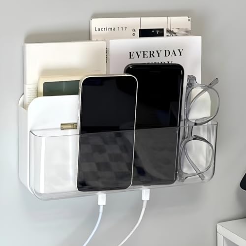 Adhesive Remote Control Holder Wall Mounted Phone Charging Holder Universal Controller Holder Wall Mount Storage Organizer Box No Drilling Home Office Desk (Bedside Shelf)