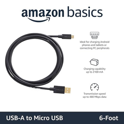 Amazon Basics 2-Pack USB-A to Micro USB Cable, Android Charger, 480Mbps Transfer Speed, Gold-Plated Connectors, USB 2.0, 6 Foot, Black - size: 6 Feet, style: 2 Pack