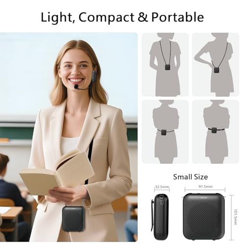 Voice Amplifier with Bluetooth, Portable Speaker with Microphone | Wireless Microphone Headset Speaker for Teacher, Mini Megaphone Sound Amplifier for Classroom, Tour Guides, Speaking - color: Black - 15W