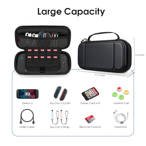 FINTIE Carrying Case for Nintendo Switch 2 (2025), Shockproof Hard Shell Switch 2 Case, Protective Cover Travel Bag with 19 Game Card & 2 Micro SD Card Slots & Inner Pocket, Black - color: Black