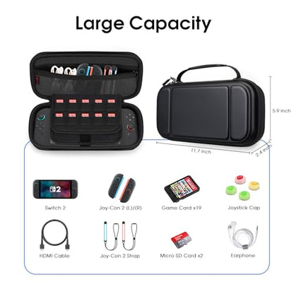 FINTIE Carrying Case for Nintendo Switch 2 (2025), Shockproof Hard Shell Switch 2 Case, Protective Cover Travel Bag with 19 Game Card & 2 Micro SD Card Slots & Inner Pocket, Black - color: Black