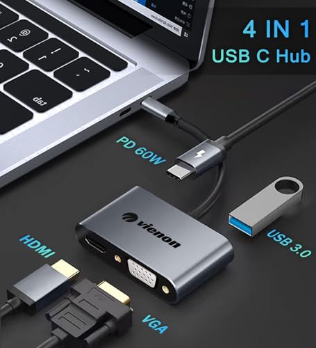 VIENON USB C to HDMI VGA Adapter for Dual Monitor, 4 in 1 USB C Hub with 4K HDMI, 1080P VGA, USB 3.0 5Gbps, 100W PD Compatible for MacBook Air/Pro, Dell XPS, Surface, iMac More - style: 4-in-1