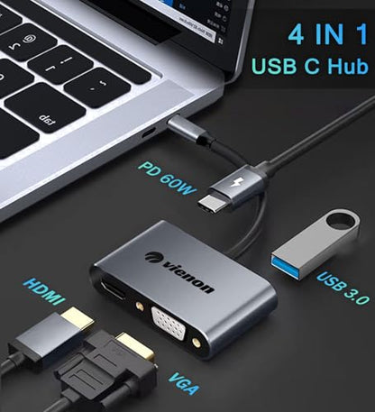 VIENON USB C to HDMI VGA Adapter for Dual Monitor, 4 in 1 USB C Hub with 4K HDMI, 1080P VGA, USB 3.0 5Gbps, 100W PD Compatible for MacBook Air/Pro, Dell XPS, Surface, iMac More - style: 4-in-1