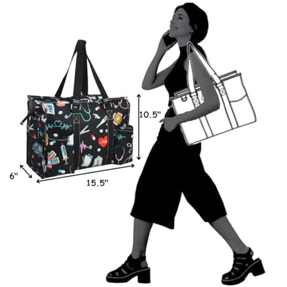 NGIL Utility Water Resistant Tote Bag | Work Tote for Women, Nurse Bag, Teacher's Choice Purse, Gym Bag, Everyday Organizer Top Zipper Closure - color: Nurse Print-black