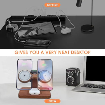Wood Dual Phone Charging Station Compatible with Magsafe Charger Stand Magnetic Wireless Charger for iPhone 17 16 15 14 13 12 Series iWatch AirPods Wireless Charging Station for Apple Devices - color: Without Apple Watch Charger