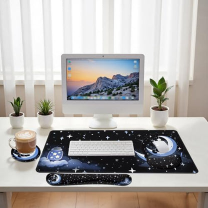 Moon Cat Desk Mat Set Starry Night Large Mouse Pad with Wrist Rest 4in1 Desk Mat for Desktop Ergonomic Computer Desk Arm Wrist Anti-Slip Computer Ergonomic Mouse Pad Home Office Gaming - color: Moon Cat