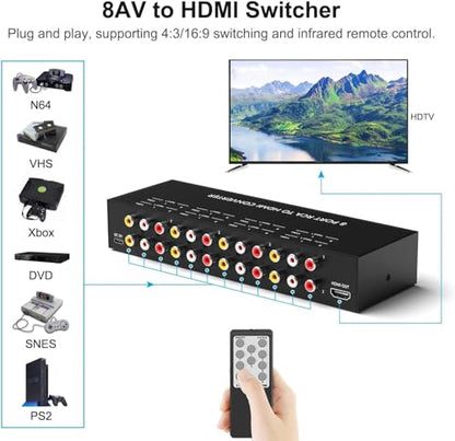 8 AV to HDMI Converter, 1080P/720P 8 Way RCA Composite CVBS AV Switch to HDMI Converter Adapter Support 4:3/16:9 Switch for Sega Xbox PS1 PS2 PS3 N64 NGC SNES WII VHS VCR Camera DVD - style: 8 RCA Converter