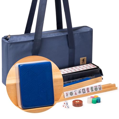 Yellow Mountain Imports American Mahjong Set, Indigo Tides - Blue Soft Case, 4 All-in-One Racks with Pushers, Wright Patterson Scoring Coins, Dice, & Wind Indicator - color: Blue