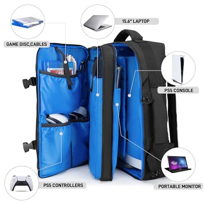 PGmoon Travel Backpack Compatible with PS5/PS5 Slim/PS5 Pro Console | Protective Carrying Case Bag for Controllers, 15.6" Laptop, Game Discs (Patent Design)