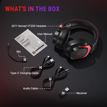 QCY Heroad VT200 Gaming Headset for PC: 53mm Neodymium Drivers - Detachable Noise Canceling Microphone - 2.4G/Bluetooth 6.0/Wired - Compatible for PS4/PS5, Switch, Xbox - 7.1 Surround Sound - color: Red