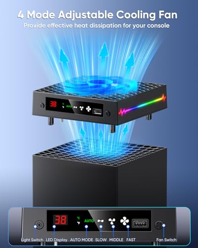 [LED Display] Auto Cooling Fan for Xbox Series X with 9 RGB Light Modes | Cooling System Adjustable by Temperature for Xbox Series X Console, Cooler & Light Switch, Headset Hook, USB Port