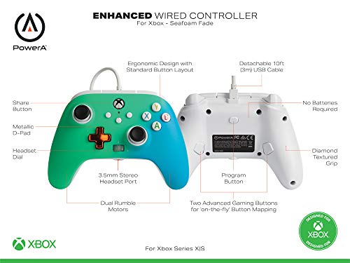 PowerA Enhanced Wired Controller for Xbox Series X|S - Seafoam Fade, gamepad, wired video game controller, gaming controller, Xbox Series X|S, Officially Licensed for Xbox - color: Seafoam Fade