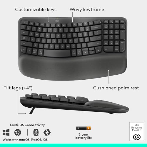 Logitech Wave Keys & Lift Vertical Mouse - Ergonomic Wireless Keyboard and Mouse Combo - with Cushioned Palm Rest, Easy-Switch, Bluetooth, for Multi-OS, Windows/Mac - Graphite - color: Graphite, style: Right-Handed