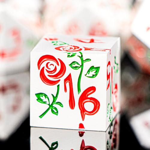 Gothic DND Dice Set Bleeding Rose Metal D and D Dice for use with Dungeons Dragons D&D Role Playing Game, Red RPG Polyhedral Dice Set D20 D12 D10 D8 D6 D4 - color: Red&silver&red Numbers