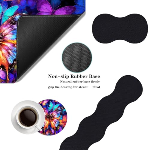 Mouse Pad,Large Desk Mat Set, 4in1 XL Mousepad + Keyboard Wrist Rest+Mouse Wrist Rest+Coaster with Ergonomic Desk Pad for Home Office Table Computer Cover -Colorful Butterfly - color: Colorful Butterfly