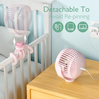 Momcozy 8000mAh Portable Stroller Fan, 27H Ultra-long Battery Life Detachable 4 Speed 360°Rotate LED Night Light with 2 Modes, USB Rechargeable Handheld Cooling Fan for Travel/Car Seat/Bedroom - color: Pink