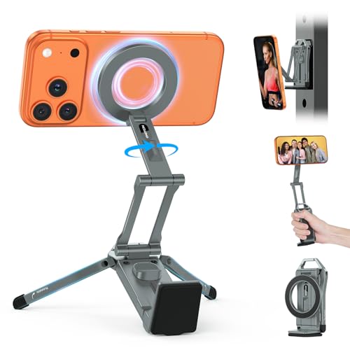 OMOTON 360°Rotating Adjustable Aluminum for MagSafe Tripod Mount, Gray | Magnetic Phone Tripod for iPhone 17/16/15 Pro Max Air, Foldable Cell Phone Stand Fits Vlog, Gym Travel Essentials Accessories - color: 2-Gray