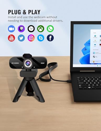 Full HD 1080P Webcam with Built-in Mic Wide Angle & Auto Focus Privacy Cover for PC/Laptop Plug & Play USB Camera Black
