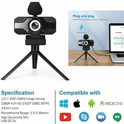 1080P Webcam with Privacy Cover Streaming Webcam with Microphone USB Tripod