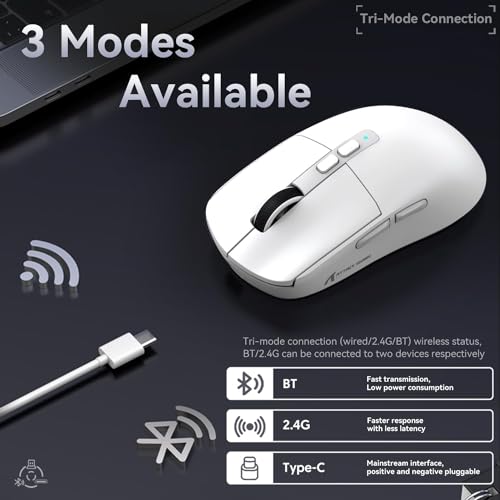 ATTACK SHARK X6 Lightweight Wireless Gaming Mouse with RGB Backlight Charging Base,Tri-Mode Wired/2.4GHz/BT5.2,26K DPI, PAW3395 Optical Sensor,HUANO Switch,5programmable Buttons,PC/Mac(White) - color: White, size: Mouse without Anti-slip sticker