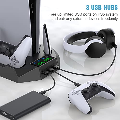 PS5/PS5 Slim/PS5 Pro Stand and Cooling Station with Dual Controller Charging Station for PlayStation 5 Console, PS5 Accessories Incl. Controller Charger, Cooling Fan, Headset Holder, 3 USB Hub, Black - color: Black
