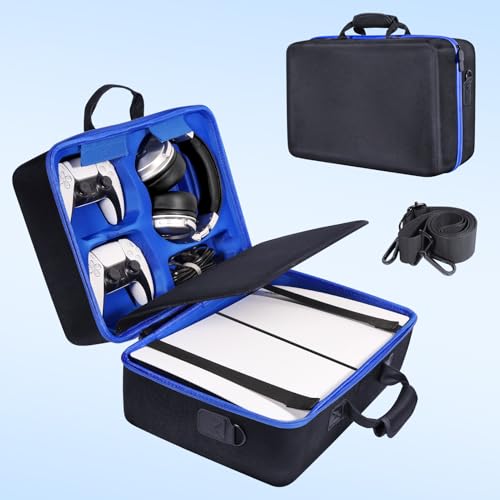 ZORETCO Carrying Case Compatible with PS5 Slim 2023 | Hard Shell Protective Travel Carrying Bag for Play Station 5 Slim Disc and Console Controllers, Vertical Base and Cable - color: Black Blue, size: ps5 slim