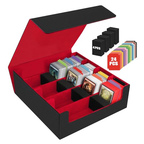 AOBOPLE Trading Card Storage Box,3200+ Card Box Storage with 24 Dividers and 4 Foam Supporters PU Leather Magnetic Cards Deck Case for MTG TCG Magic and Sport Cards,Great Gift for Card Collectors - color: 3200+Black Red