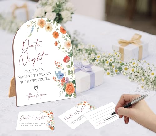 51 Pc Wildflower Date Night Ideas Game, Boho Flowers Bridal Shower Game, 6x8 Inch Arch Wooden Sign with Stand and 50 Date Night Cards, Wedding Shower Decor - YHZ03 - color: Wildflower03
