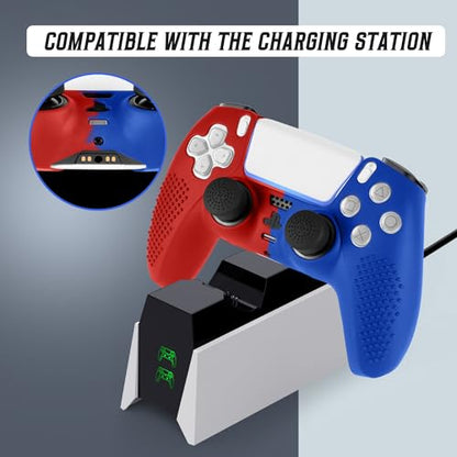 PS5 Controller Skin, Anti-Slip Soft Silicone Protective Cover Case for PlayStation 5 Controller Grip Accessories, 2 Pack with 8 x Thumb Grip Caps (Red Mix Blue) - color: Red Mix Blue