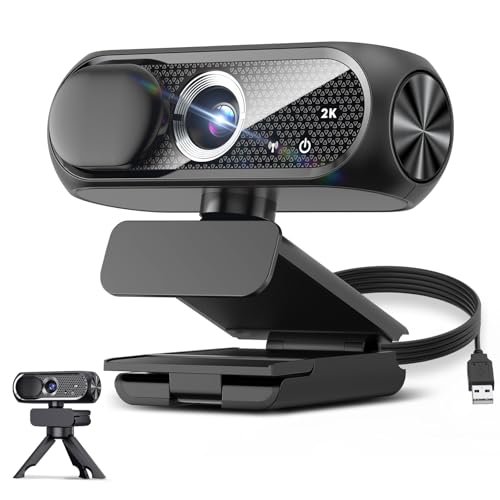 2K Webcam with Rotatable Tripod and Mic, Noise Cancellation, Privacy Cover, Wide-Angle Lens, Auto Light Correction, Plug & Play USB Webcam for Laptop, Desktop, PC, Mac, Zoom, Skype, Streaming - color: 2k-Tripod-Deep Black