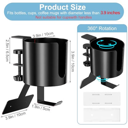 MYITYARD 3 in 1 Desk Cup Holder Clamp, Clip On Table Cup Holder with Headphone Hook & Power Strip Holder, Rotatable Water Bottle Drink Coffee Mug Organizer, Gaming Accessories for Home and Office - color: With Power Strip Holder