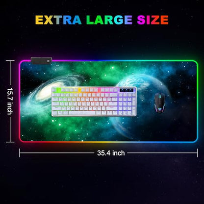 Large RGB Gaming Mouse Pad, Led Big Mouse mat with 14 Light Modes, Extended Soft Computer Keyboard Mat Non-Slip Rubber Base, Green Planet Nebula - color: Green Planet Nebula