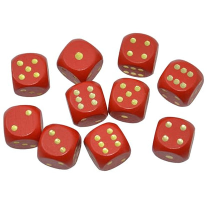 Set of 10 16MM Six Sided D6 Round Wooden Dice Set (red) - color: Red