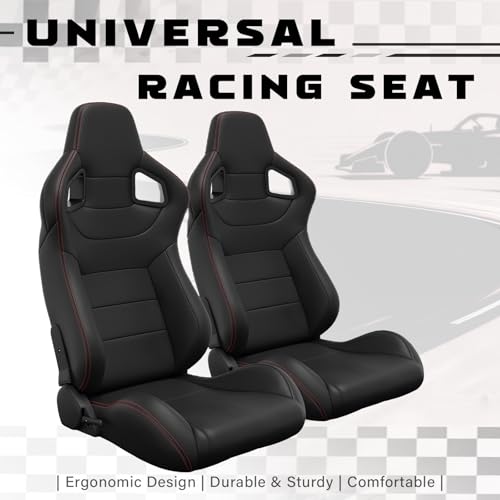 2 Pcs Adjustable Universal Racing Seats with Double Sliders, Reclinable Bucket Seats, 1 Pair of Sport Seats for Vehicles (Black O) - color: Black O
