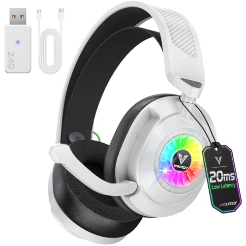 Vakedy Wireless Gaming Headset for PS5,PS4,Mac,Switch, RGB 20ms Latency | 2.4GHz & BT Gaming Headphones, 50H Battery and Noise Canceling Mic for Fortnite & Call of Duty/FPS Gamers, 50MM Drivers - color: White/Black
