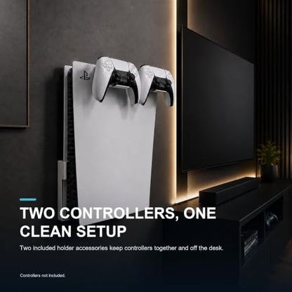 PS5 Wall Mount, White Heavy Duty 2.5mm Steel Console Bracket Compatible with PS5, Space-Saving Holder with 2 Controller Mounts