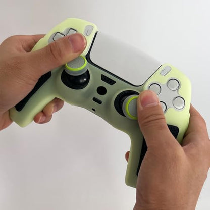 Green Glow in the Dark Silicone Protective Case for PS5 Controller, Anti-Slip Thick Soft Cover, Includes 8-in-1 Thumb Grip Caps + 2 Cat Paw Caps – Ergonomic Shockproof - color: Glow Green Black