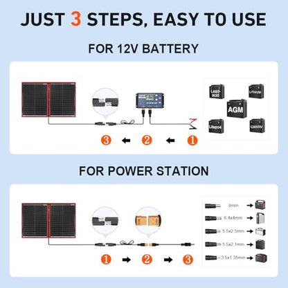 DOKIO 100W Portable Foldable Solar Panel Kit for 12V Battery Charging | Folds to 19 x 26 in and weighs 5.3 lb; includes controller and dual USB; for 12V batteries, power stations and camping.