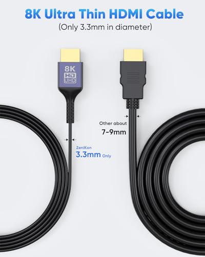 Thin HDMI Cable 1FT 8K, Short HDMI Cable 1 Foot 48Gbps High Speed Flexible Ultra Slim HDMI Cord (Only 3.3MM) 8K@60Hz, 4K@60Hz, HDR10+, HDCP 2.3 for HDMI Switch/Camera/Roku TV/Monitor/Laptop - size: 1FT