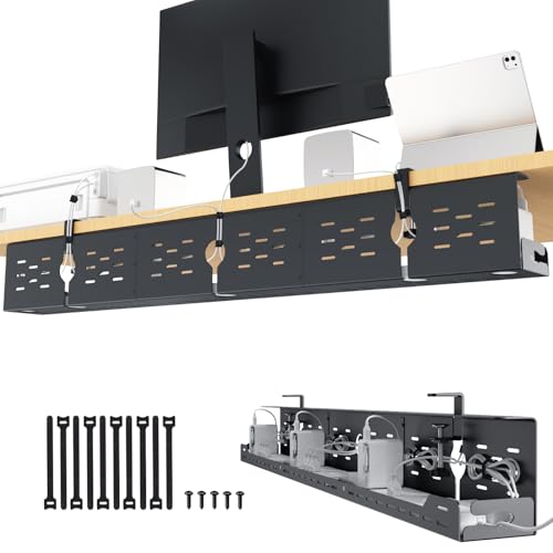 Univivi Under Desk Cable Management Tray, Cable Management, 48 inch, Black | Durable Steel, Cable Management with No-Drill C-Clamp and Screw Mount, Effortless Wire Management for Office/Home - color: Black, size: 48"