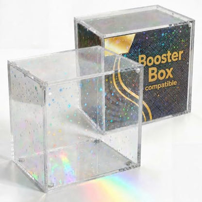 PKMN Booster Box Acrylic Display Case w/ Holographic Foil | Shiny Display Box for TCG Packs & Trading Cards Collections | 5mm Ultra Thick Protector Case + N52 Magnet - Iridescent Holographic Stars