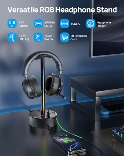 TROND Headphone Stand with PD 20W USB C Charger, RGB Gaming Headset Holder with 3 AC Outlets Extension, 5ft Retractable Power Strip Suitable for Gamer Desktop Table Game Earphone Accessories Gift