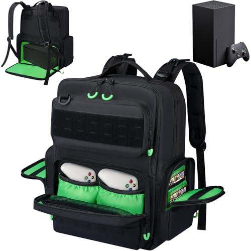 Wigojoy Travel Carrying Case Compatible with Xbox Series X/S | Multiple Pockets of Storage Space Tactical Portable Backpack, Accommodates 15.6'' Laptop and Other Xbox Accessories, Green