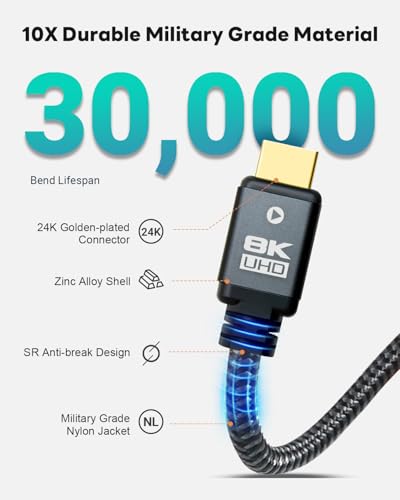 8K 10K HDMI Cable - 6.6ft 10ft 15ft 20ft 25ft 30ft 35ft 50 ft, HDMI 2.1 Cable Certified, 48Gbps Ultra High Speed Braided Cord, 4K@120Hz 8K@60Hz Compatible with Monitor/TV/PS5 (6.6 Feet) - size: 6.6 feet