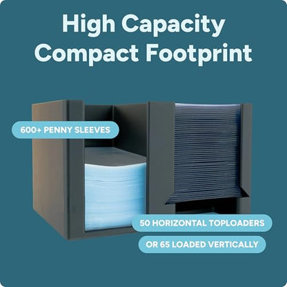 Trading Card Toploader & Penny Sleeve Station with Anti-Slip Base & Tool Storage | Dual Compartment Heavy-Duty Dispenser for Sports Cards & TCG | One-Hand Access Organizer for Card Breaks & Sorting