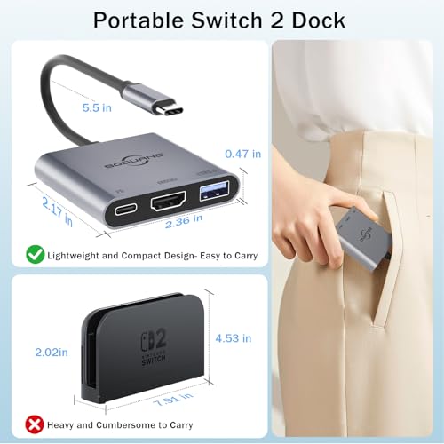 Switch 2 Dock 4K@60Hz TV Adapter Portable TV Docking Station for Switch / Switch2 / Steam Deck/ROG Xbox Ally X 3 in 1 100W PD / USB3.0 / HDMI2.0 USB-C Hub (Compatible with Switch2 v21.0.0)