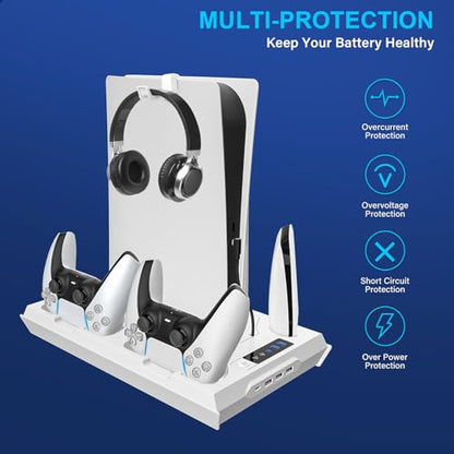 fivtek PS5 Stand with Cooling Fan & Controller Charger, All-in-One Docking Station for PS5 & PS5-Slim, 4-Port USB Hub, Headset Holder, Fast Wireless Charging for 2 Dual Controllers, White - color: White