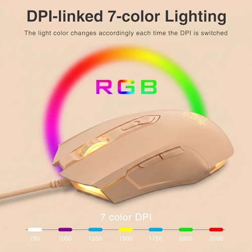 Lomiluskr AJ52 RGB Wired Gaming Mouse, 7 Programmable Buttons, Computer Mice with RGB Lighting, 200-4800 DPI Adjustable, for PC/Laptop (Milk Tea) - color: Milk Tea