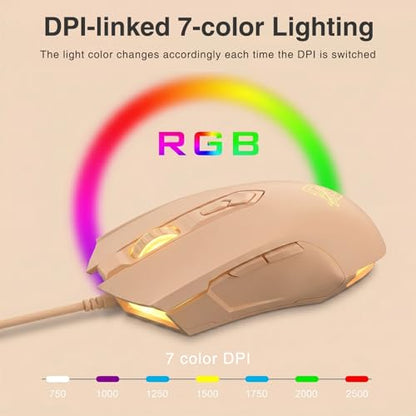Lomiluskr AJ52 RGB Wired Gaming Mouse, 7 Programmable Buttons, Computer Mice with RGB Lighting, 200-4800 DPI Adjustable, for PC/Laptop (Milk Tea) - color: Milk Tea